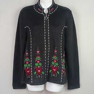 Orvis Womens Black Embroidered Knit Zip Up Floral Cardigan Jacket sz L